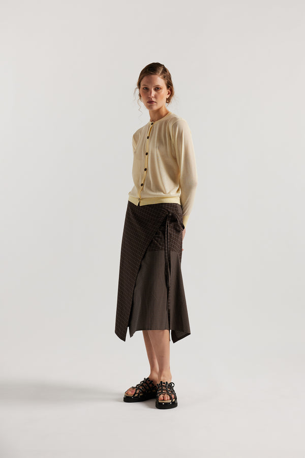 KLOKE sheer cardigan in pale yellow, angled front view