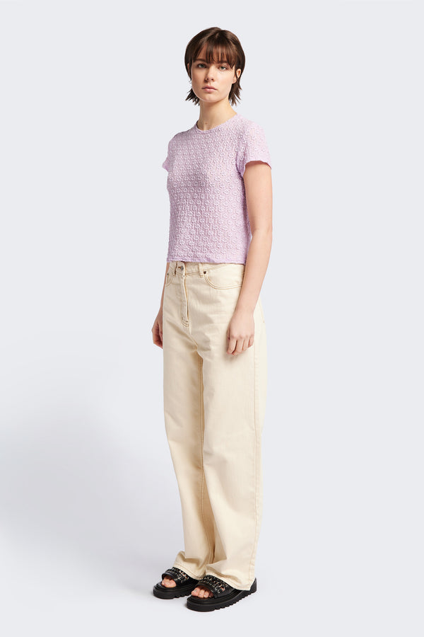 Ruse Top in Lilac, slim fit with cap sleeves and a flower motif, made from soft cotton with added stretch for comfort. Available in 6 sizes. 