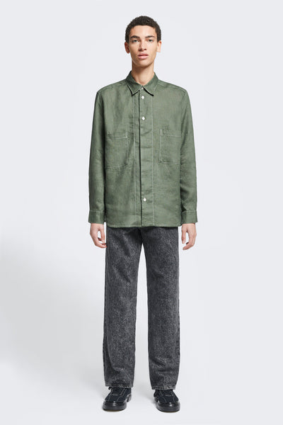Cogent Linen Shirt Fatigue Green w/ Ecru Top Stitch