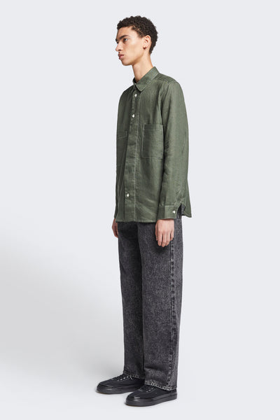 Cogent Linen Shirt Fatigue Green w/ Ecru Top Stitch