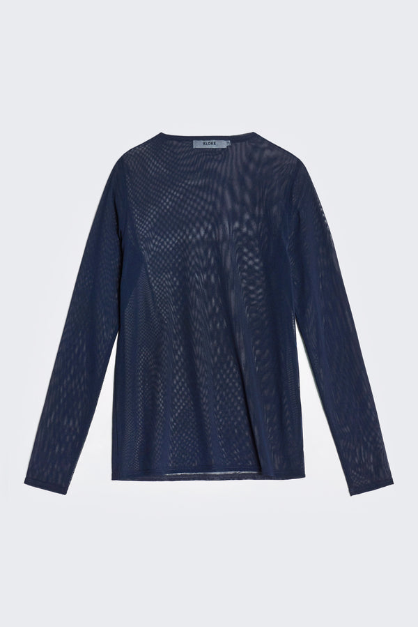 The front of the Exist Mesh Long Sleeve Top Ink, a sheer top with high-retention stretch. This top is versatile and has infinite layering possibilities. 